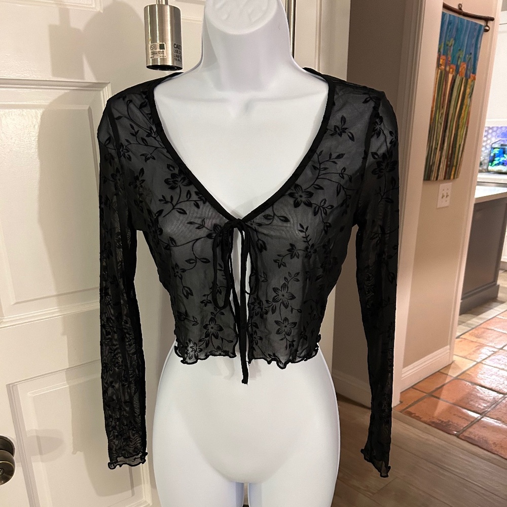 SHEIN Size Small Black Sheer Long Sleeve Lace Tie Front Crop Blouse